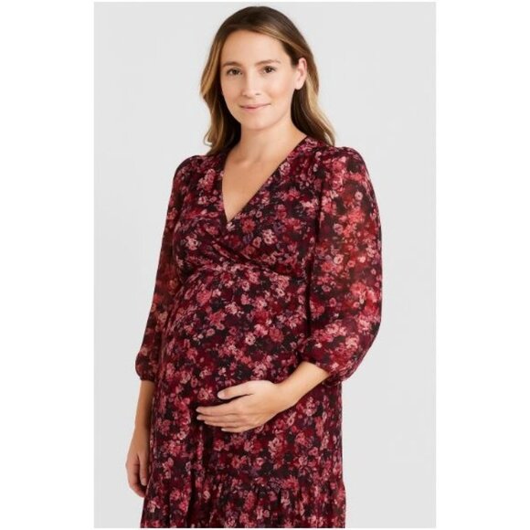 Isabel Maternity 3/4 Sleeve Tiered Chiffon Maxi Dress Pink Floral Small - Picture 1 of 5